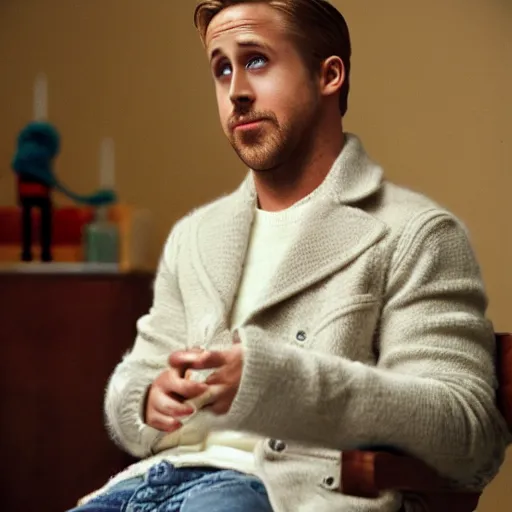 Image similar to ryan gosling in a white jacket is sitting on a chair, but it is knitted from yarn, preservation of lethality, proportions, quality, realism, focus in the foreground,