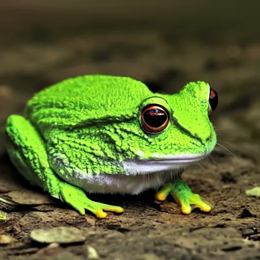 Image similar to photo of hybrid between an angora rabbit and a frog toad