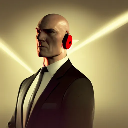 Image similar to a portrait of agent 4 7 from hitman wearing headphones, dark background, red rim light, highly detailed, smooth, sharp focus