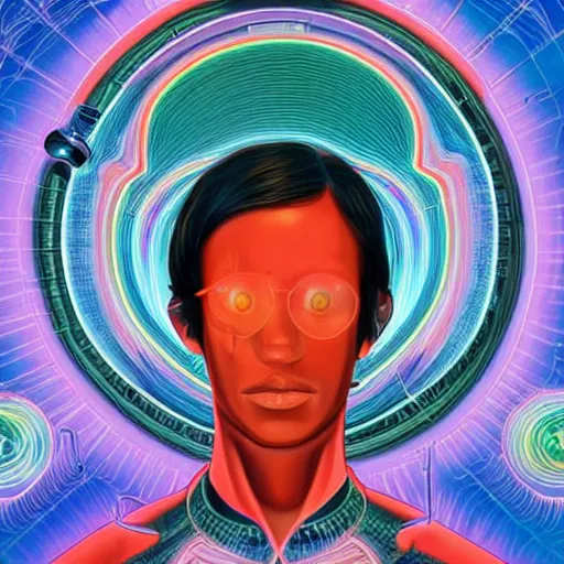 Image similar to a young man steps into a computer screen that is opening up to a new dimension filled with mystical technology, 8k, artstation hd, by alex grey and tara mcpherson