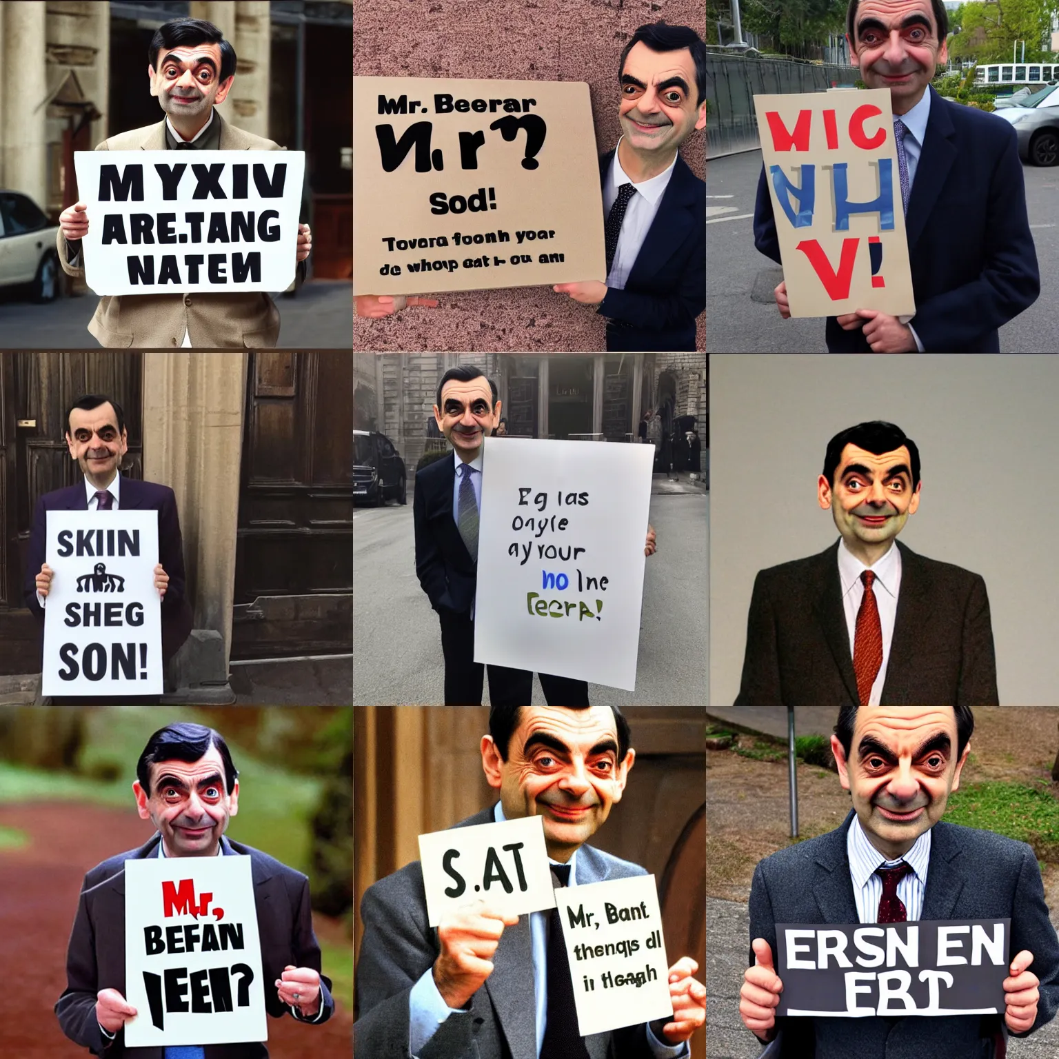 Prompt: Mr. Bean holding a sign with the text soon
