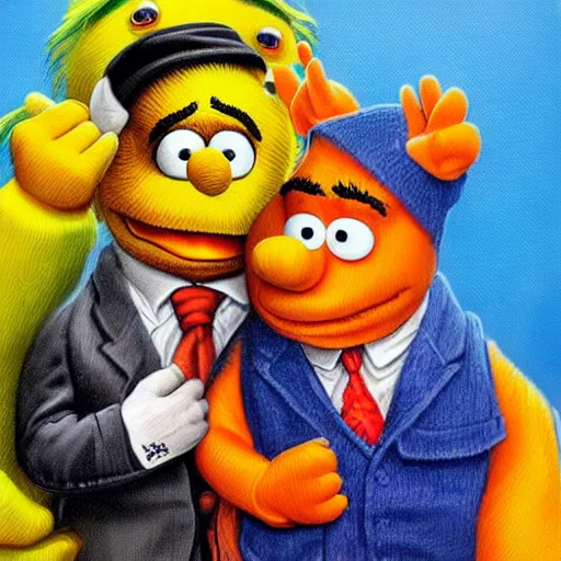 Image similar to ganster bert and ernie, fine detail, artwork by alex horley and joe jusko and todd schorr