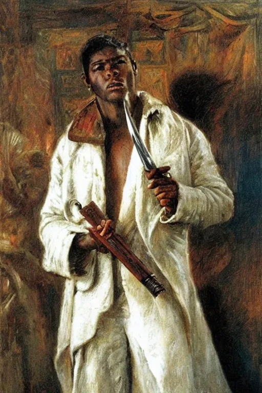 Prompt: a thirty year contract killer in all white. he is a sophisticated from africa. he is holding a knife. art by gaston bussiere.