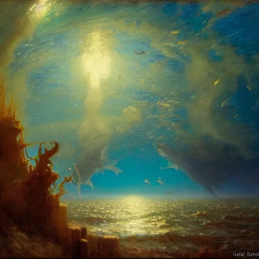 Image similar to point of view of deep in the ocean looking up, you see fishes, higher the milk way, night time, midnight. highly detailed painting by gaston bussiere, greg rutkowski 8 k