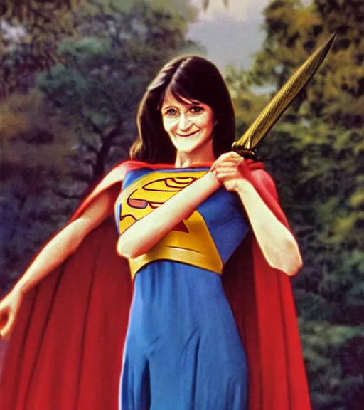 Image similar to a portrait of smiling young margot kidder from 1 9 7 7 superman movie in a scenic japanese city environment by marco bucci and greg rutkowski and frank frazetta, sharp focus, detailed, cinematic, hanbok, sheathed golden ornate korean sword