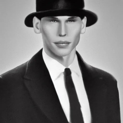 Image similar to A photograph portrait of Jerma985 wearing a suit with and fedora in the 1940s, taken in the early 1940s, grainy, taken on a 940s Kodak Camera, realistic, hyperrealistic, very realistic, highly detailed, very detailed, extremely detailed, detailed, digital art, trending on artstation