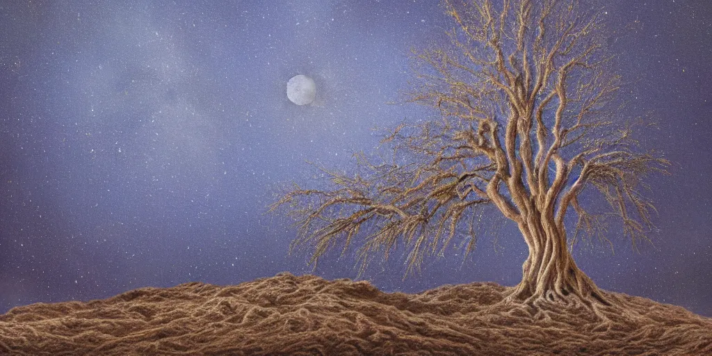 Prompt: a willow tree growing on the moon, award winning photograph, cinematic lighting, detailed oil painting, hyperrealistic, 8k