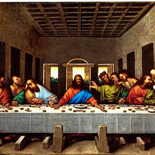 Image similar to Jesus as a comic book superhero in The Last Supper by Leonardo da Vinci