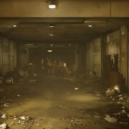 Prompt: movie still from the live action fallout 4 movie, rendering of a riot in a fallout shelter, uhd, 8k, cinematic,