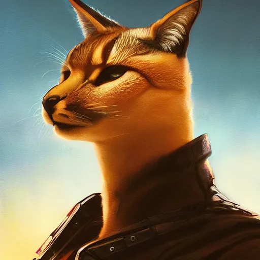 Image similar to cyberpunk, armitage, closeup portrait of a cute fluffy caracal and light blue eyes, brown buzzcut, cyborg, dramatic light, city background, sunset, dystopian setting, high contrast, sharp, neuromancer, painted by stanley lau, painted by greg rutkowski, painted by stanley artgerm, digital art, trending on artstation