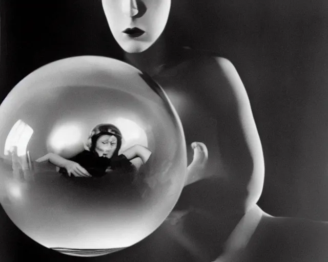 Prompt: Bella Tarr photograph of woman in glass sphere, criterion collection, 1930, claude cahun