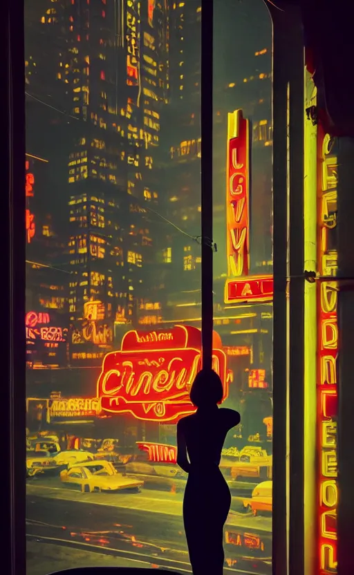 Image similar to vertical movie frame, girl in 5 0's retro restaurant, neon - decorated urban on night in the city seen through the window, modern architecture design, vintage, night, blade runner, dark, clean lines, asian futuristic city at distance, big windows, octane, wide angle