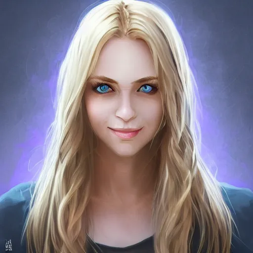 Image similar to portrait, 30 years old women :: fantasy :: blue eyes, long straight blonde hair, beeing happy, smiling :: attractive, symmetric face :: brown medieval cloting, natural materials :: high detail, digital art, RPG, concept art, illustration