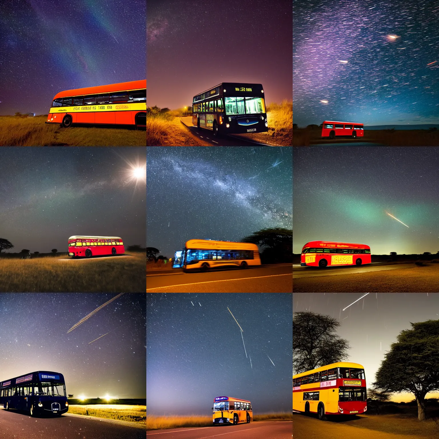 Prompt: a london bus in the serengeti, illuminated by a meteor shower