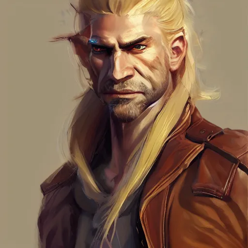 Image similar to portrait of a muscular, grim, ponytail haired blonde man in his late 30's, wearing a thick brown leather coat, looking to his side, hunter, DnD character, fantasy character, digital art by Ruan Jia, Krenz Cushart, Rossdraws and Boris Vallejo