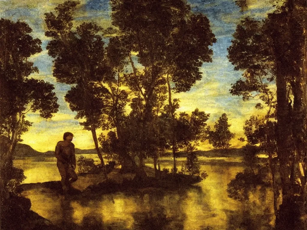 Prompt: Young man entering in a lake alone at night, golden light, Aurora Borealis, panthers, cypresses. Painting by Titian