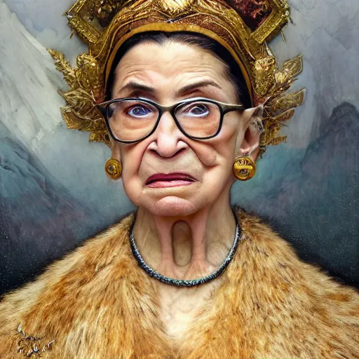 Image similar to Epic Masterpiece head and shoulders portrait of Ruth Bader Ginsburg wearing a bear fur cap drawn by Donato Giancola and Tom Bagshaw, Edmund Leighton, Alphonse Mucha, background by James Jean and Gustav Klimt, 4k, porcelain skin, volumetric lighting, komorebi, french nouveau, trending on artstation, octane render, hyperrealistic