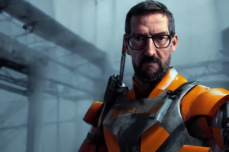 Image similar to vfx movie closeup real life gordon freeman holding wearing futuristic armor, half life logo on chest, crowbar in russian train yard by emmanuel lubezki