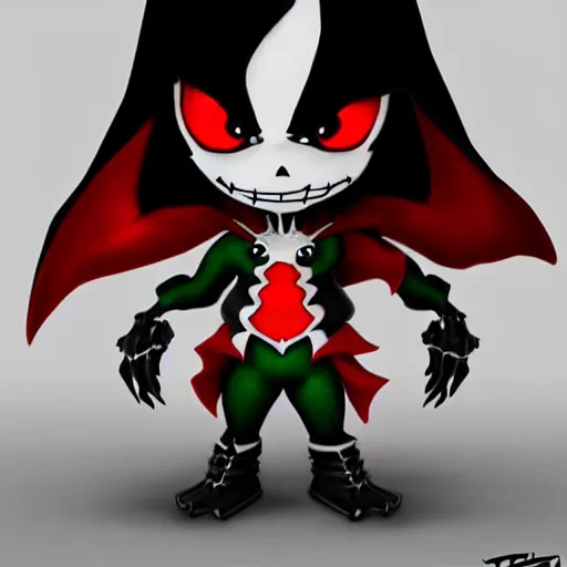 Image similar to super cute chibi Spawn 3D concept art by Todd mcfarlane, 4K, anthropomorphic, elegant, glowing effect, ornate, dynamic, centered, sharp focus, beautiful detailed, face very realistic, Game Art!!, hyper detailed, no background, cartoon, cinematic, raytrace, Trend on artstation, C4D