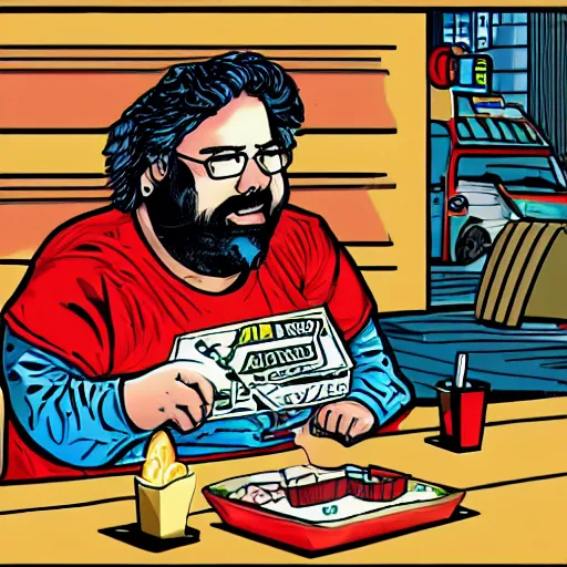 Image similar to jerry garcia working at McDonalds because he lost all of his money leverage trading bitcoin, mike judge art style, 90s mtv illustration