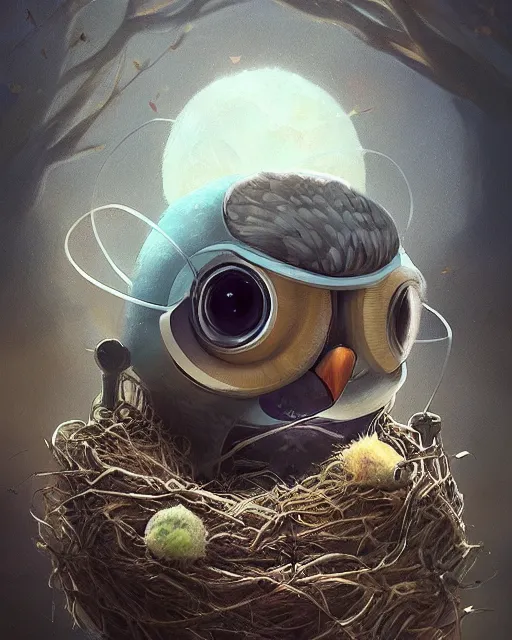 Image similar to long shot of a very cute owl chick nesting in a very futuristic cup, esao andrews, humorous illustration, hyperrealistic, big depth of field, warm colors, night scenery, low light, 3 d octane render, 4 k, conceptart, hyperdetailed, hyperrealistic, trending on artstation