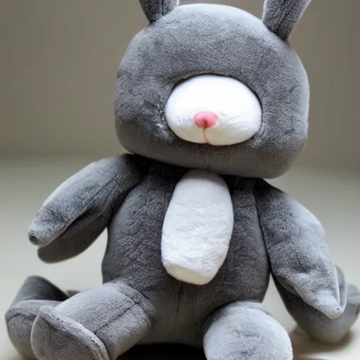 Image similar to a cute plush doll made to look like a baby wearing a grey fluffy bunny suit