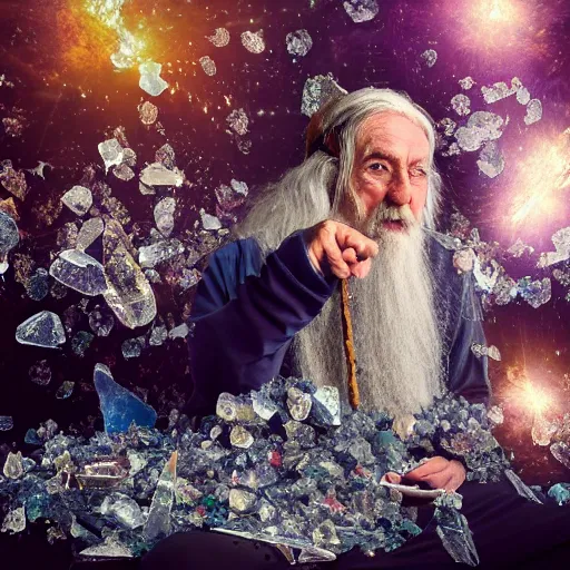 Prompt: old wizard surrounded by crystal shards, 8 k photography