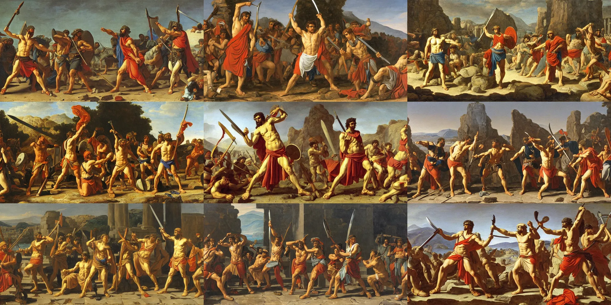 Prompt: a greek hoplite holding a sword in the foreground, an army in the background, extremely detailed oil painting, in the style of Gavin Hamilton, Jacques-Louis David