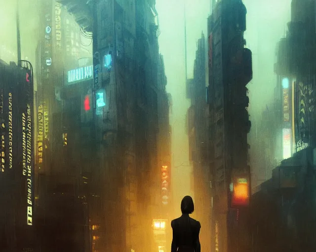 Image similar to 2 0 1 8 blade runner movie still girl look at the cityscape from roof perfect face fine realistic face pretty face reflective polymer suit tight neon puffy jacket blue futuristic sci - fi elegant by denis villeneuve tom anders zorn hans dragan bibin thoma greg rutkowski ismail inceoglu illustrated sand storm alphonse mucha