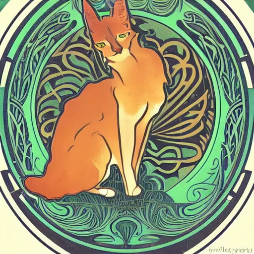 Prompt: An incredibly beautiful company logo of an caracal in the style of Alphonse Mucha.