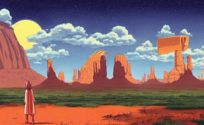 Prompt: a realistic cell - shaded studio ghibli concept art from paprika ( 2 0 0 6 ) of a multi - colored ufo from close encounters of the third kind ( 1 9 7 7 ) in a flooded monument valley temple stonehenge jungle. a giant camel is in the foreground. very dull colors, portal, hd, 4 k, hq