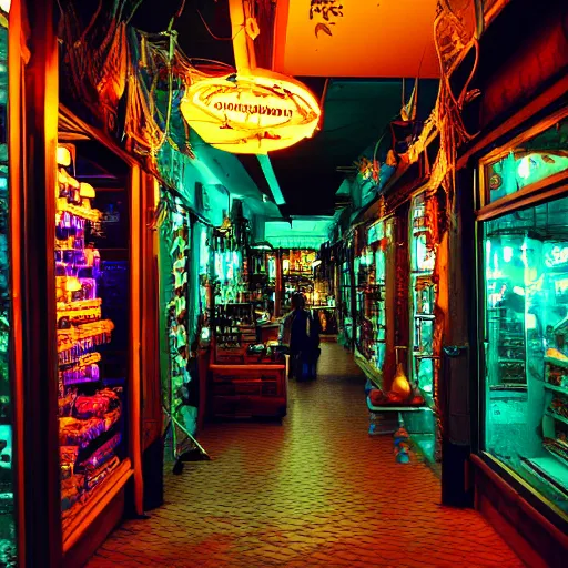 Image similar to inside a store at night, ethereal, ancient, neon lit, cosmic, mysterious