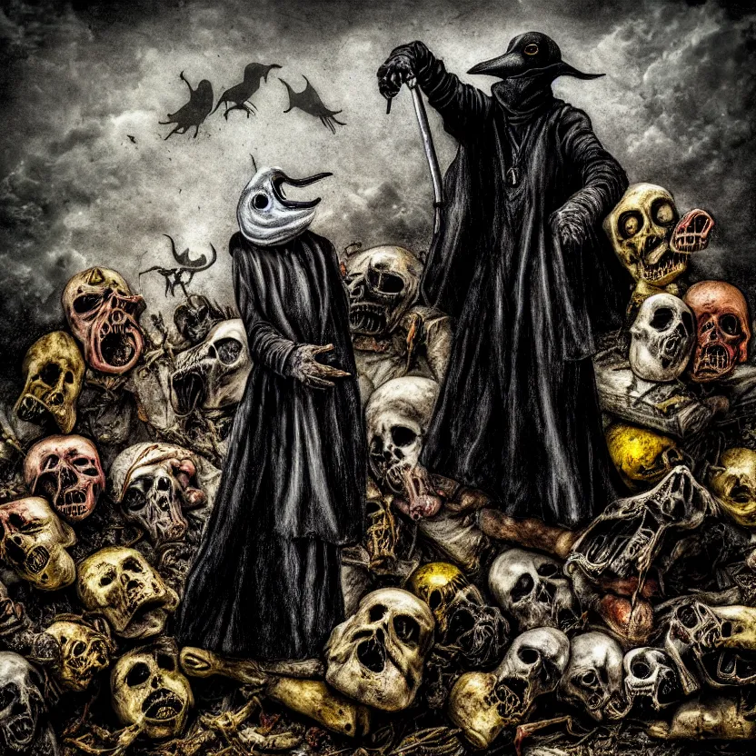 Image similar to plague doctor standing over a pile of decomposing corpses, a screaming man half - eaten by maggots, photograph by joshua hoffine, fear, morbid, nightmare, supernatural, 8 k, highly detailed, ( ( ( ( very colorful ) ) ) ), chiaroscuro, creepy, terrifying