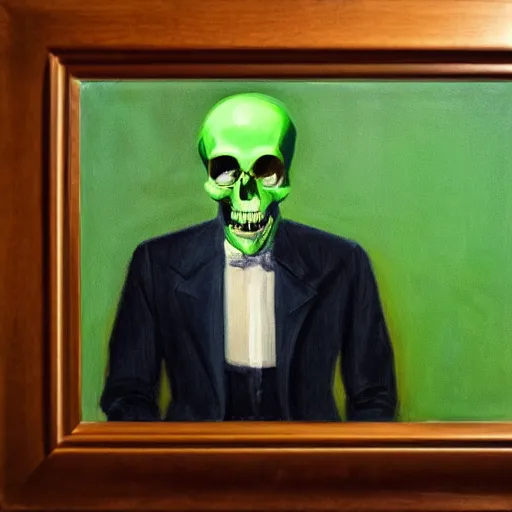 Image similar to a portrait painting of a man with a skull as his head, man is wearing a suit, the skull is green, in the style of edward hopper, 4 k,