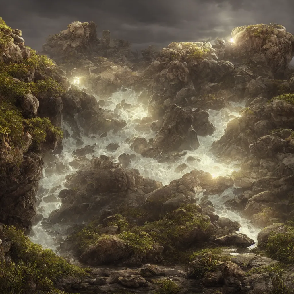 Image similar to Photorealistic epic landscape with magically floating rocks, with ominous storm clouds, glowing stones falling from the sky, a gentle rising mist. occult photorealism by Alphonse Maria Mucha, UHD, amazing depth, glowing, golden ratio, 3D octane cycle unreal engine 5, volumetric lighting, cinematic lighting. Hyperdetailed photorealism, epic scale, misty, 108 megapixels, amazing depth, glowing rich colors, powerful imagery, psychedelic Overtones, concept art