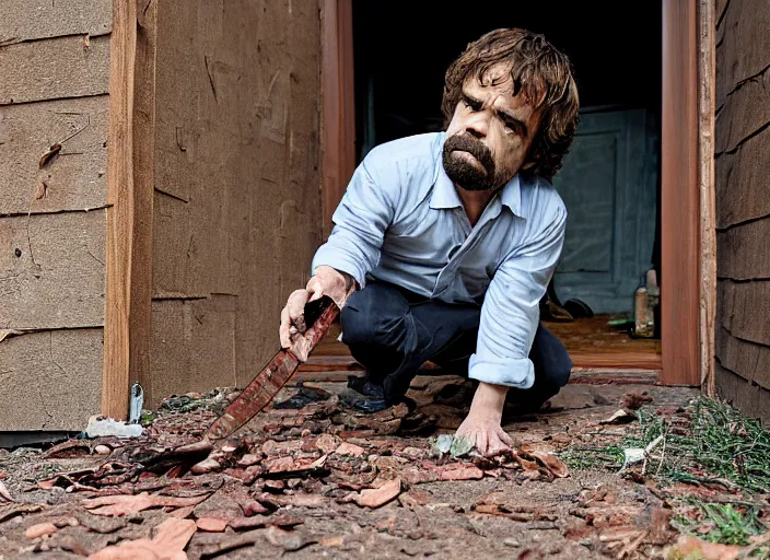 Image similar to peter dinklage crawling from under a porch with a knife in his mouth at night, movie still, from the new sweet home alabama movie, 8 k, realistic