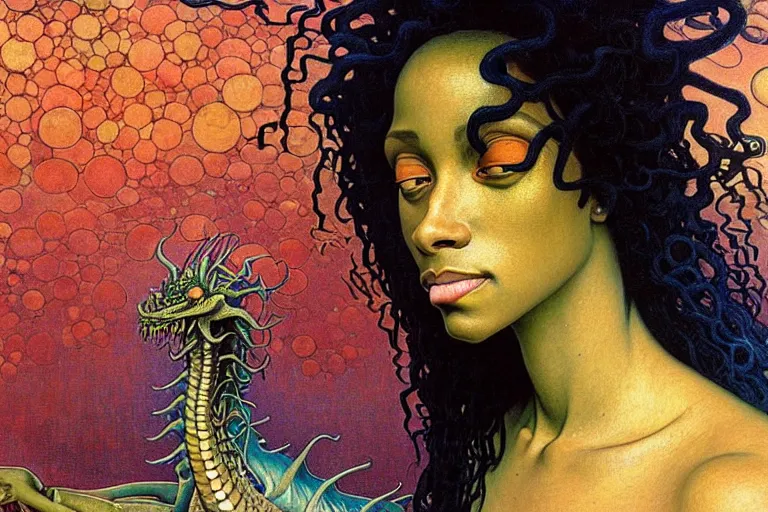 Image similar to realistic extremely detailed closeup portrait painting of a beautiful black woman, mutant dragon and a single old house on background by Jean Delville, Amano, Yves Tanguy, Ilya Repin, Alphonse Mucha, Ernst Haeckel, Edward Robert Hughes, Roger Dean, heavy metal 1981, rich moody colours