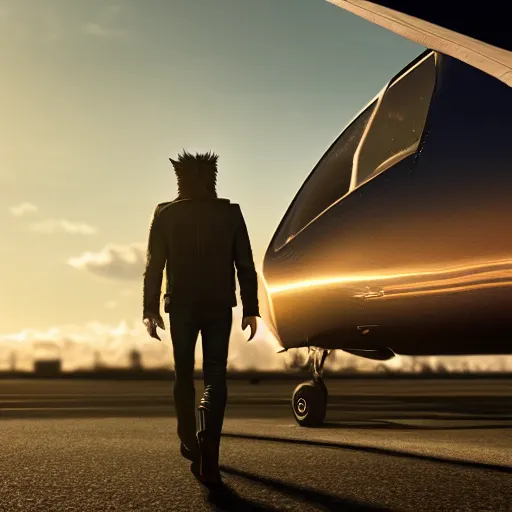 Prompt: a supernatural werewolf pilot with a wolf tail wearing leather jacket walking towards an airplane during a sunset, HD, 8k