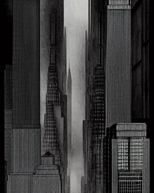 Image similar to image in the style of Hugh Ferriss. Black and dark grey. Tall, wide, imposing building in a dramatically lit metropolis. eerie. incomprehensible size.