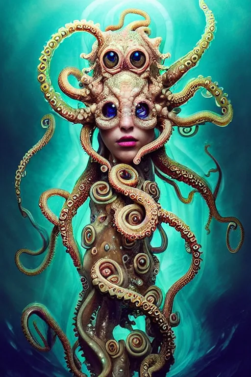 Image similar to A full shot of a cute monster wearing an ornate dress made of opals and tentacles on the ocean floor. Subsurface Scattering. Dynamic Pose. Translucent Skin. Caustics. Prismatic light. defined facial features, symmetrical facial features. Opalescent surface. Soft Lighting. beautiful lighting. By Giger and Ruan Jia and Artgerm and WLOP and William-Adolphe Bouguereau and Loish and Lisa Frank. Fantasy Illustration. Sailor Moon. Masterpiece. trending on artstation, featured on pixiv, award winning, cinematic composition, dramatic pose, sharp, details, Hyper-detailed, HD, HDR, 4K, 8K.