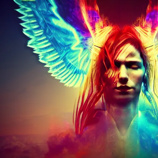 Image similar to psychedelic fantasy, caucasian, native american, european, asian, australian, brown hair with red and blue highlights, in a cinematic wallpaper, glitch effects, dissolve effects, noise, halo / nimbus, devils horns, angel wings, raven wings, hdr 8 k dop dof