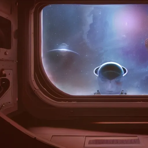 Prompt: An alien looking out of a window in space, on a spaceship, illustrated by Greg Rutkowski, sci-fi art, photorealistic details, intricate details, 4k, 8k