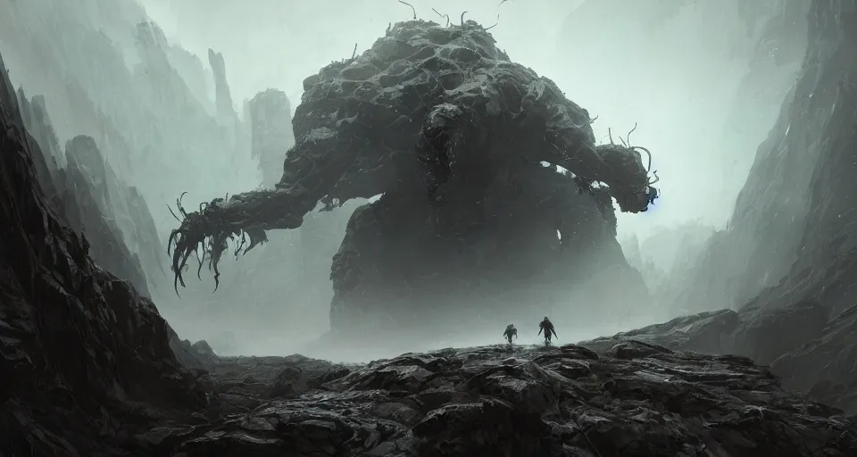 Prompt: a giant eldritch spider monster crawling across a misty mountainous landscape, dramatic lighting, illustration by francois baranger, greg rutkowski, yoji shinkawa, 4 k, digital art, concept art, trending on artstation