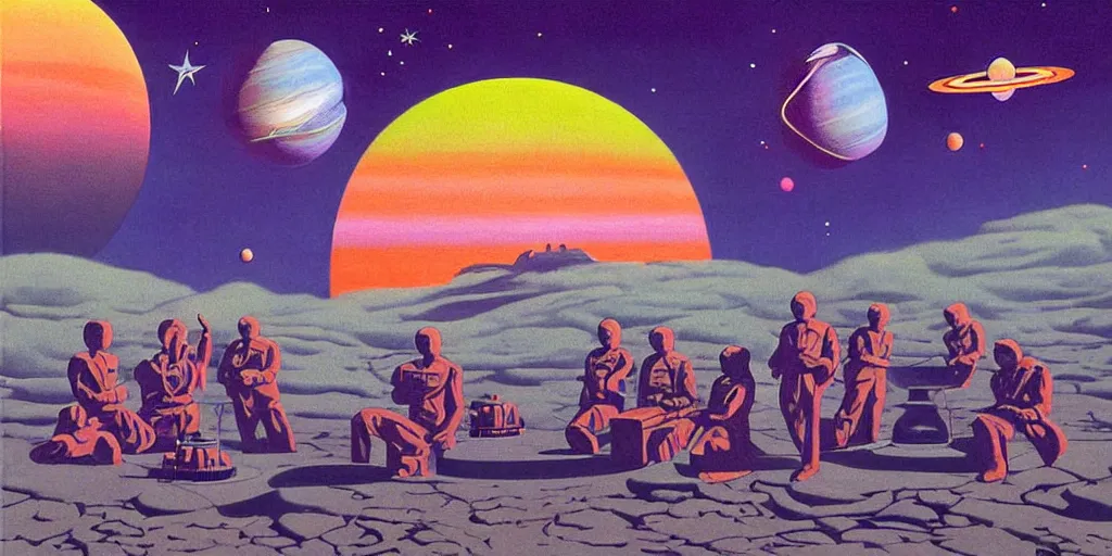 Image similar to surreal painting by chesley bonestell!!, twelve astronauts sitting by the river with a big holiday cake + psychedelic vegetation + purple, pink, blue + planets and stars + mystical fog, vintage sci - fi style of the 5 0 s, rule of the third!!!!, line graphics, 8 k, super detail, high quality