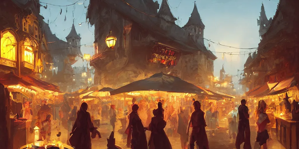 Image similar to a busy fantasy street night market from within a fascinating old city, by Sylvain Sarrailh, by Sebastian Luca, by Nicodemus Yang-Mattisson, cinematic, simple but effective composition, clean lines, beautiful digital painting, oil painting, dungeons and dragons, lord of the rings