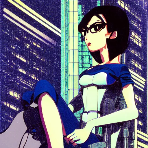 Image similar to Full body portrait of a young woman sitting on the ledge of a high rise building, cyberpunk, cel illustration, exquisitely detailed, Monkey Punch, Hayao Miyazaki, Kazuma Kaneko