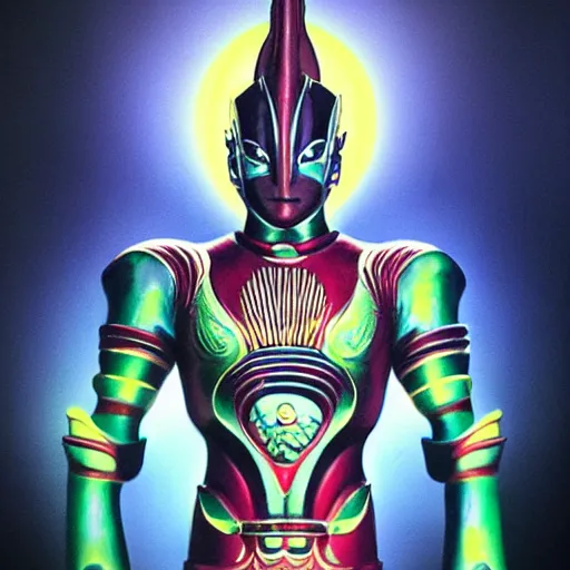 Prompt: new ultraman design called bodhisatva, photorealistic with poster