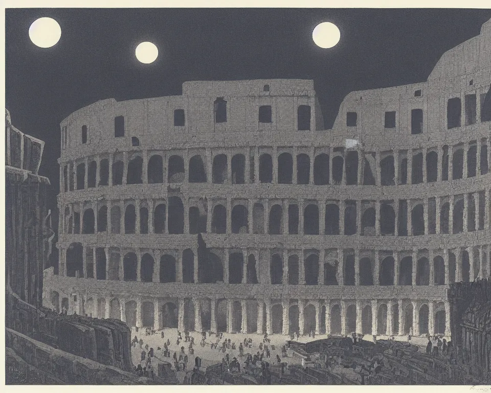 Image similar to beautiful print of the Colosseum bathed in moonlight by Hasui Kawase and Lyonel Feininger.