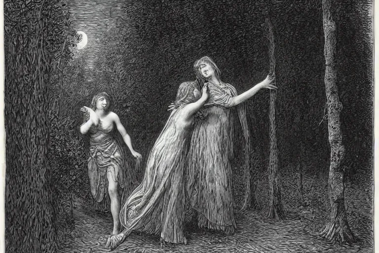 Prompt: werewolf in the garden hunting young french woman, Gustave Dore lithography