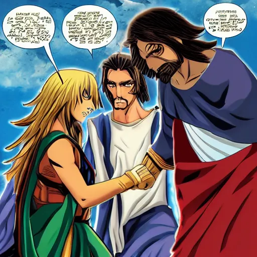 Prompt: Anime Jesus punches Judas comic book manga